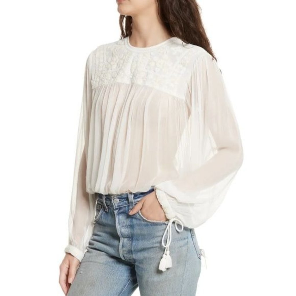 Free People Sheer Cream Embroidered Beaded Boho Top Size Small
